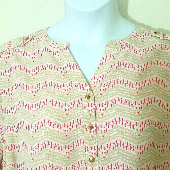 Top tunic White beige Pink Button Tab Roll Up Sleeve Stretchy Classy Lightweight - Picture 3 of 6